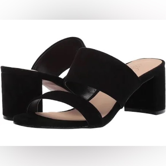 SAM EDELMAN Suede Black Two Strap Sandal Mule Slip-On Block Heeled Shoes Sz 9 - Picture 3 of 16